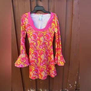 Dream Girl Vibrant Swirl Bell Sleeve Mini Dress in Pink and Yellow Print